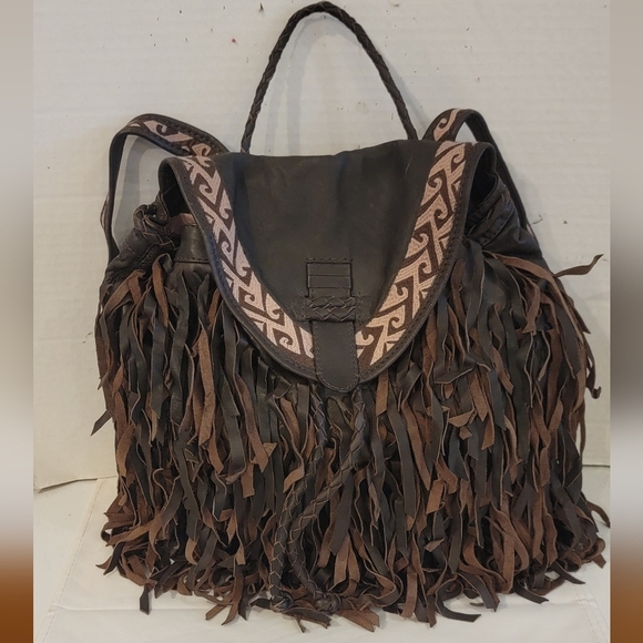 Lucky Brand Brown Leather Fringed Backpack Purse
